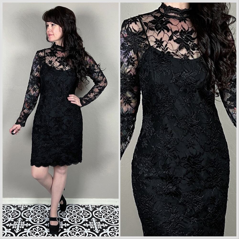 Vintage 1980s Black Lace Illusion Long Sleeve Mini Dress